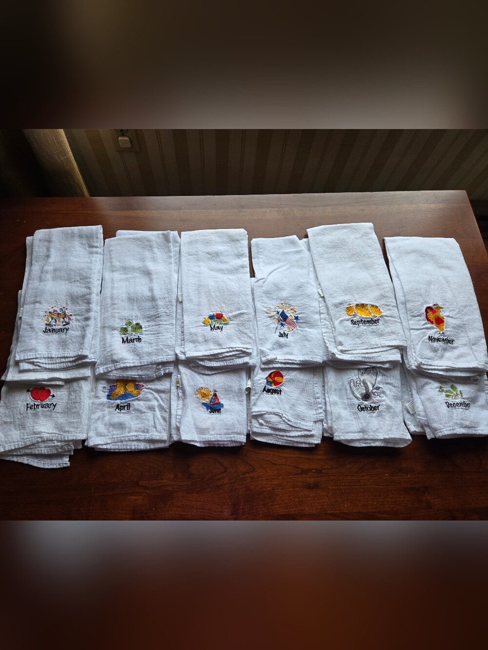 White Embroidered Months Hand Towels